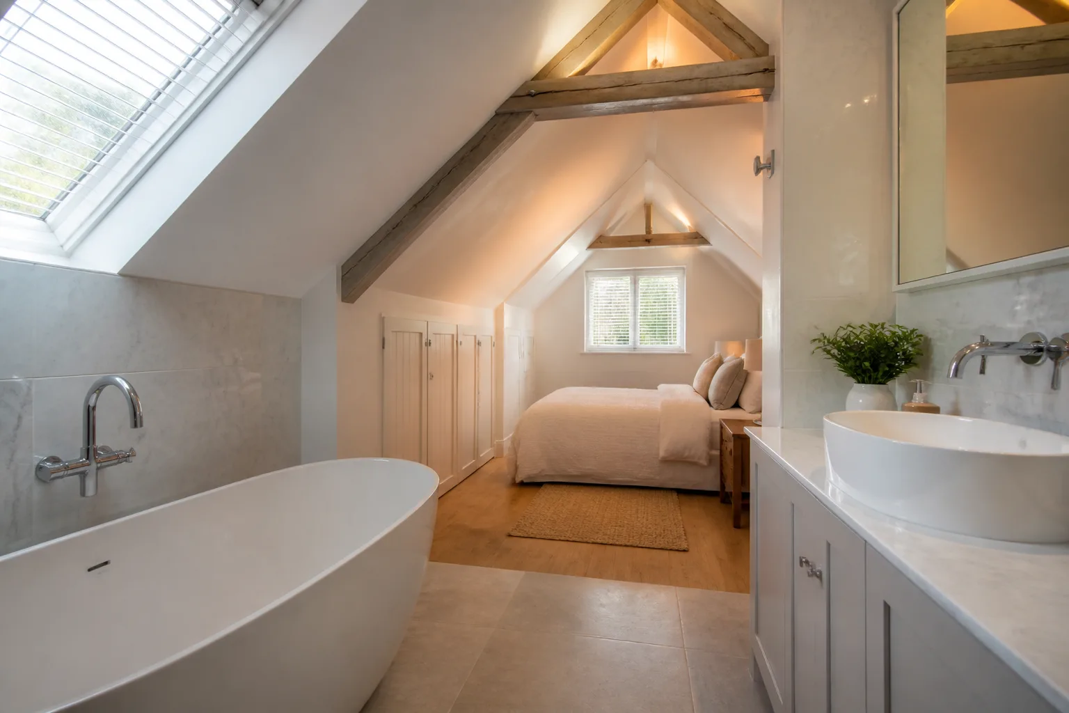 A attic bathroom, designed for it