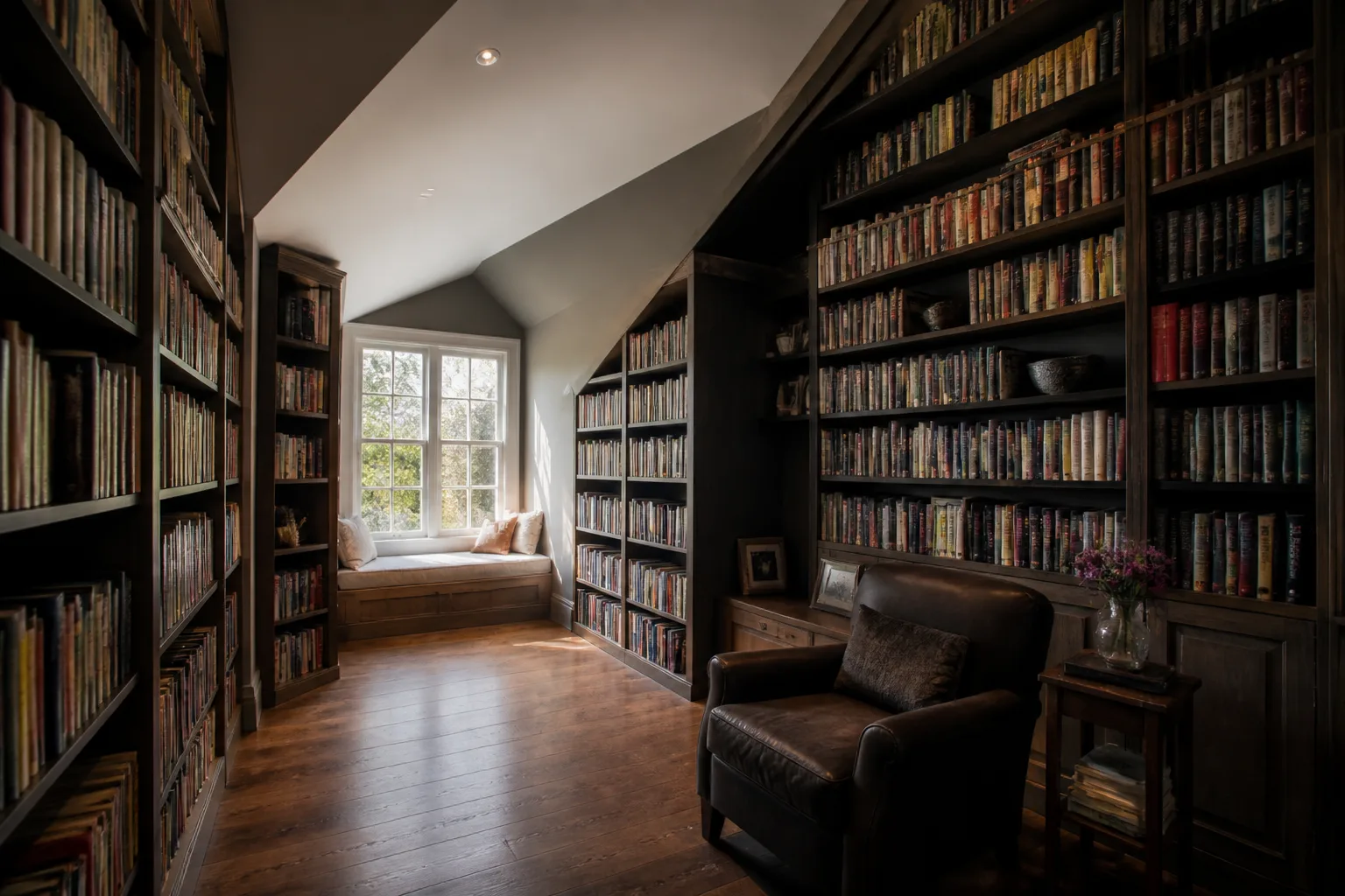 A awkward home library, designed for it