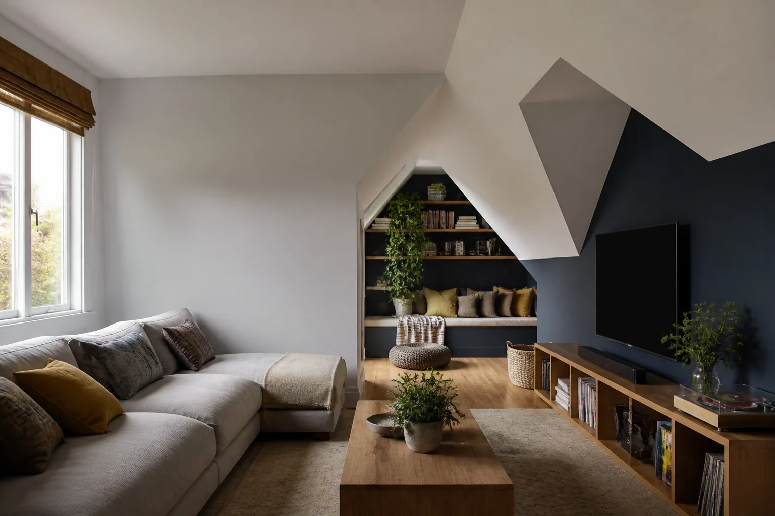 A awkward living room, designed for it