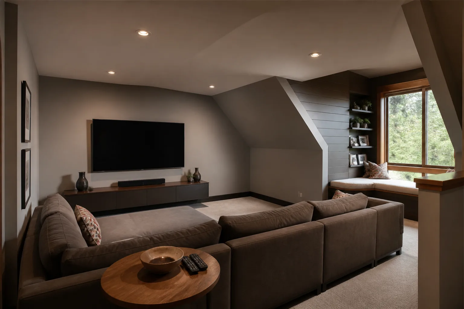 A awkward media room, designed for it