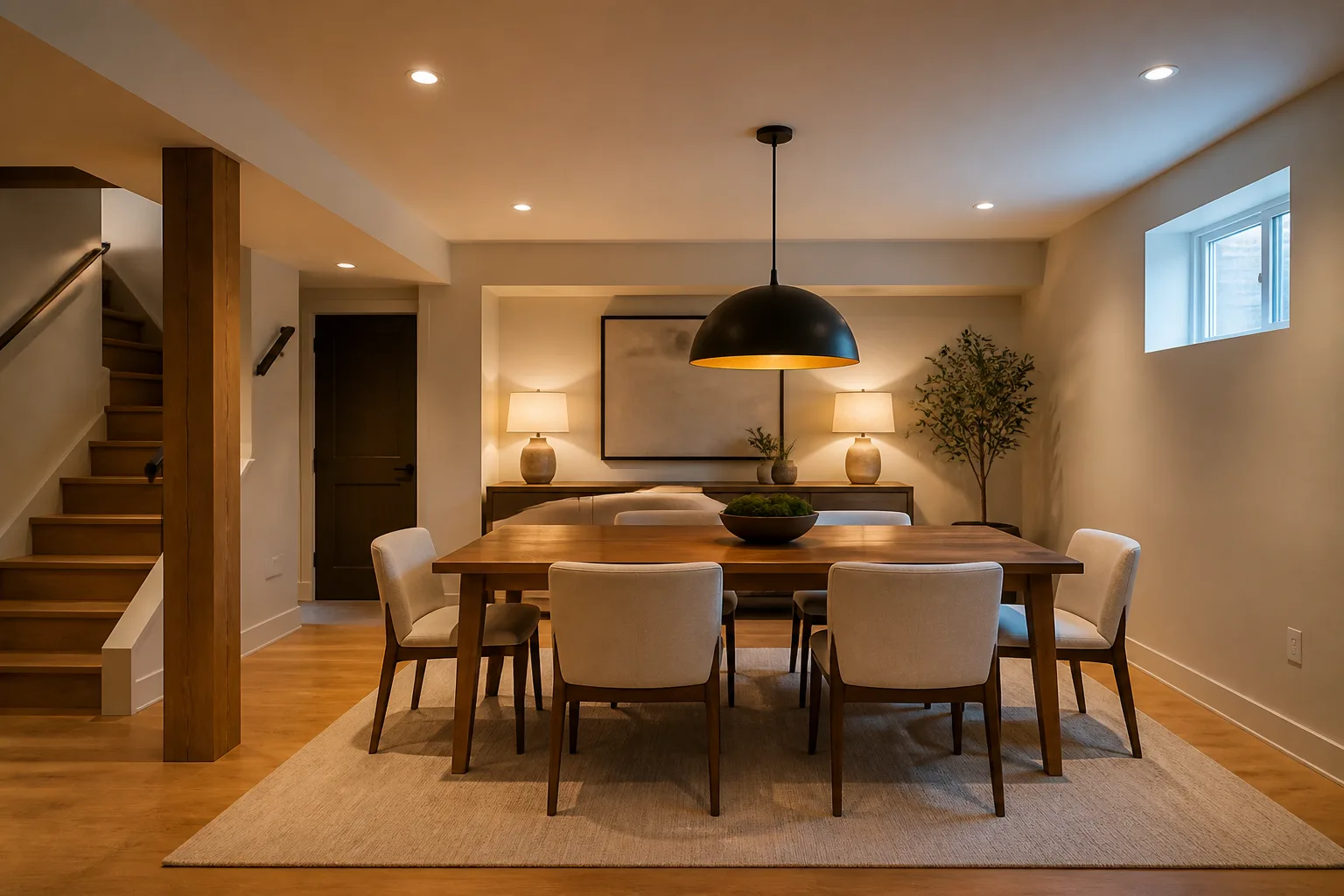 A basement dining room, designed for it