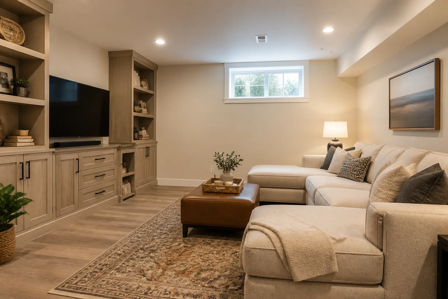 A basement family room, designed for it