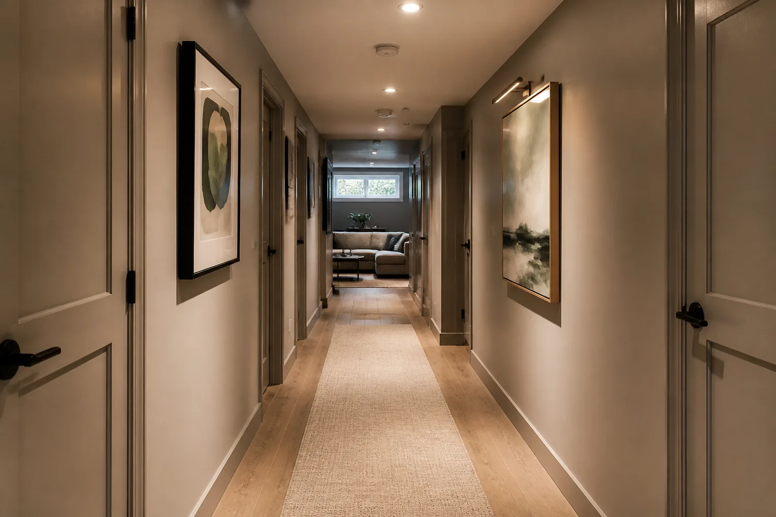 A basement hallway, designed for it