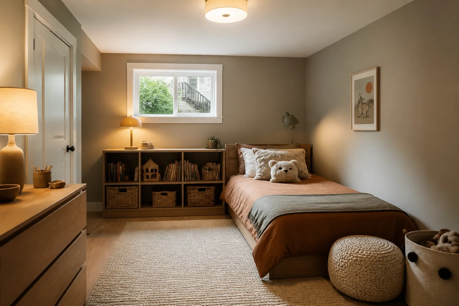 A basement kids’ bedroom, designed for it