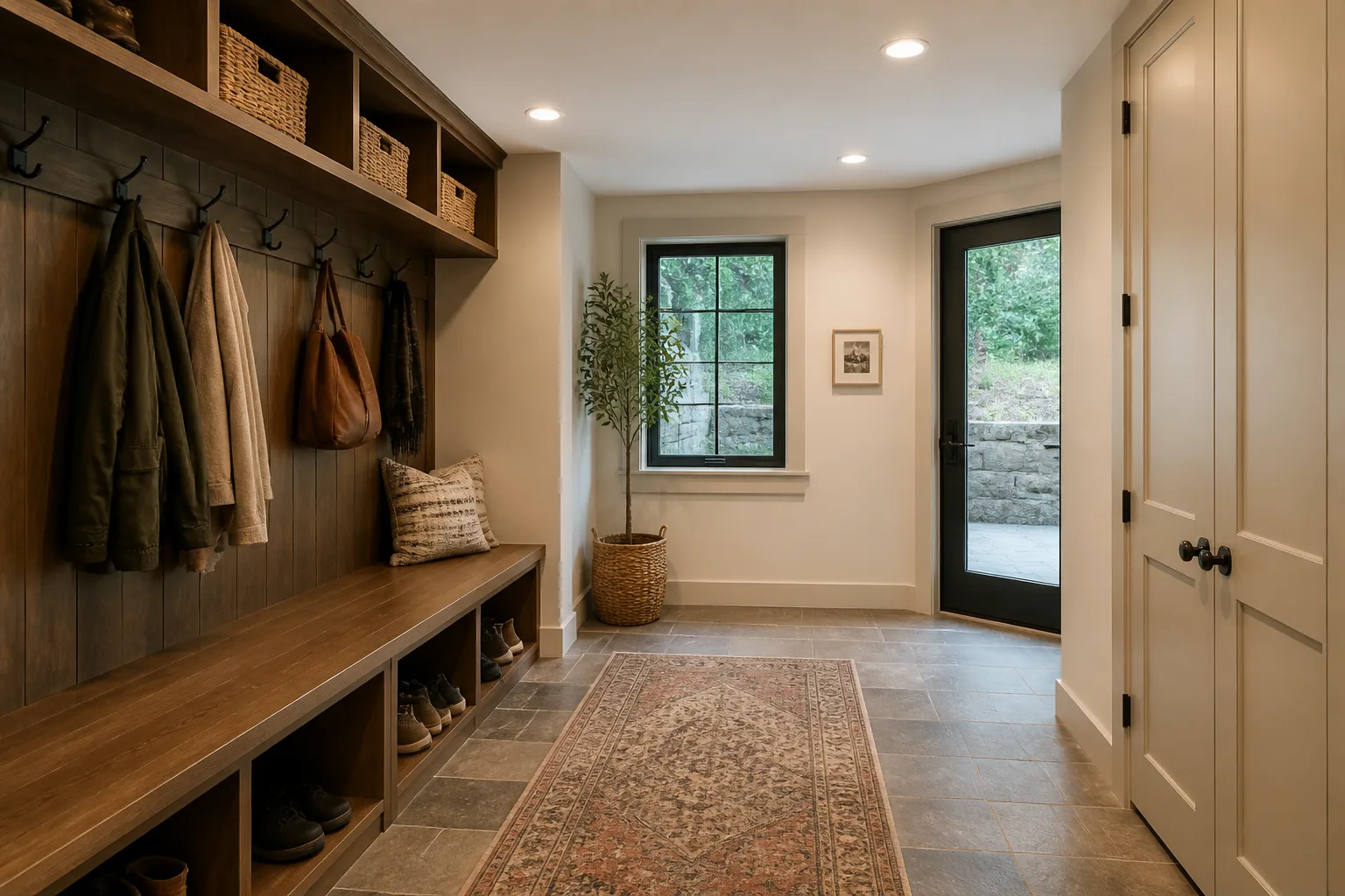 A basement mudroom, designed for it