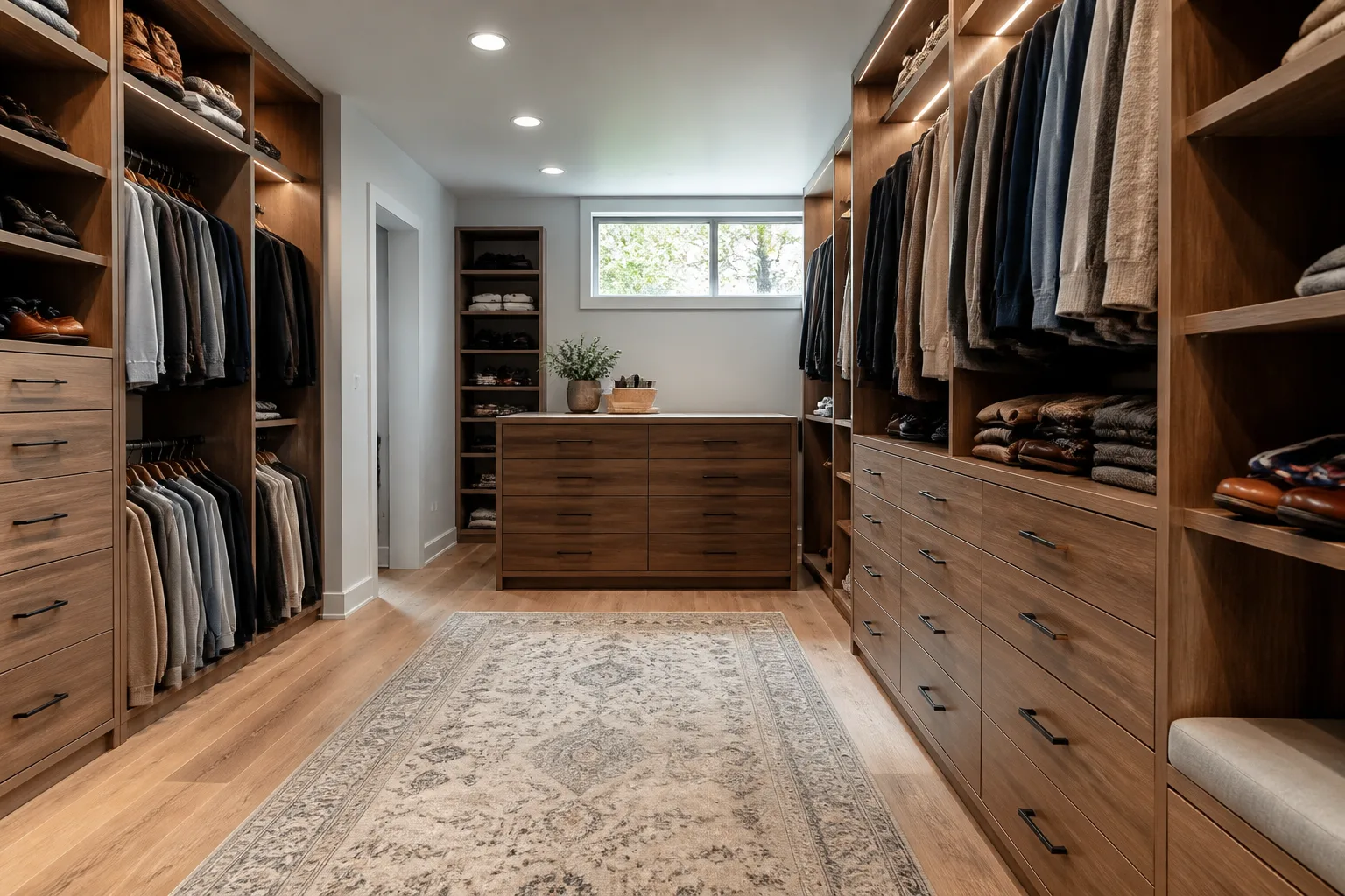 A basement walk-in closet, designed for it