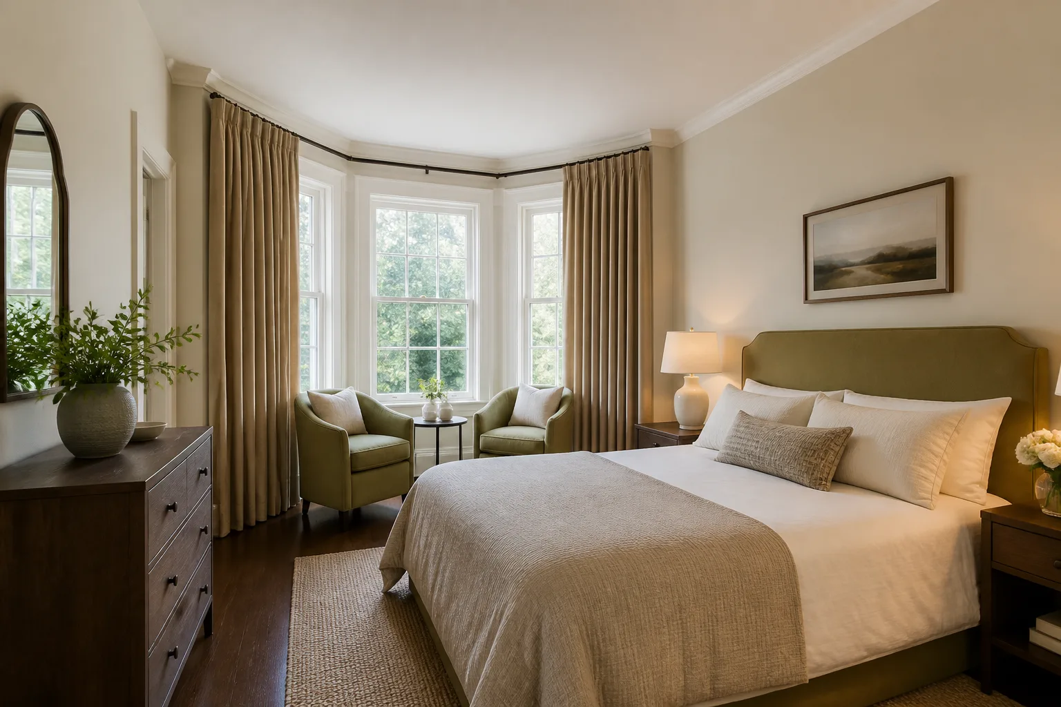 A bay-window guest bedroom, designed for it