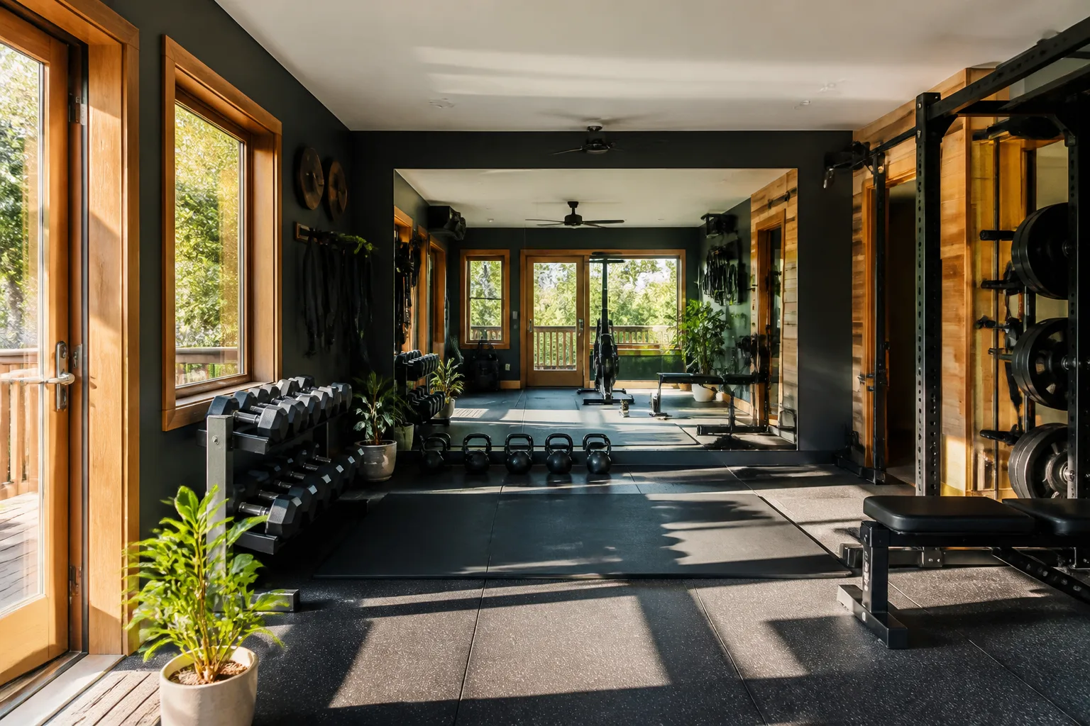 A bright home gym, designed for it