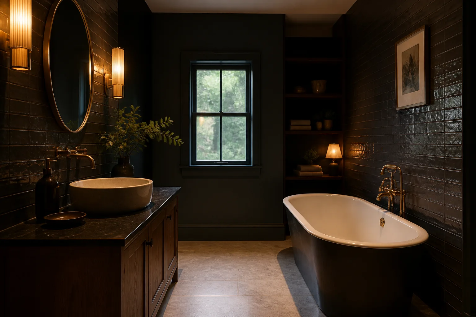 A dark bathroom, designed for it