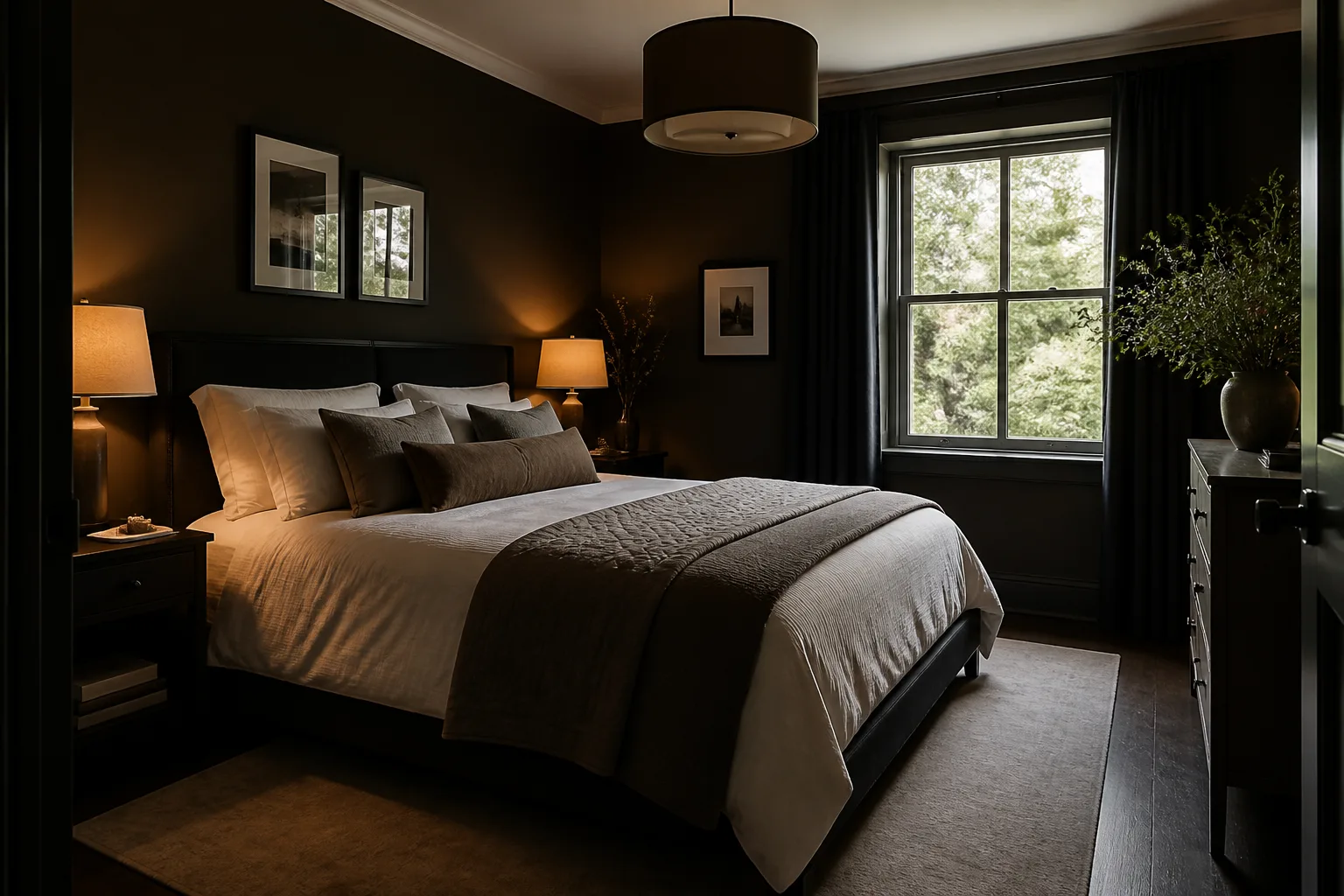 A dark bedroom, designed for it