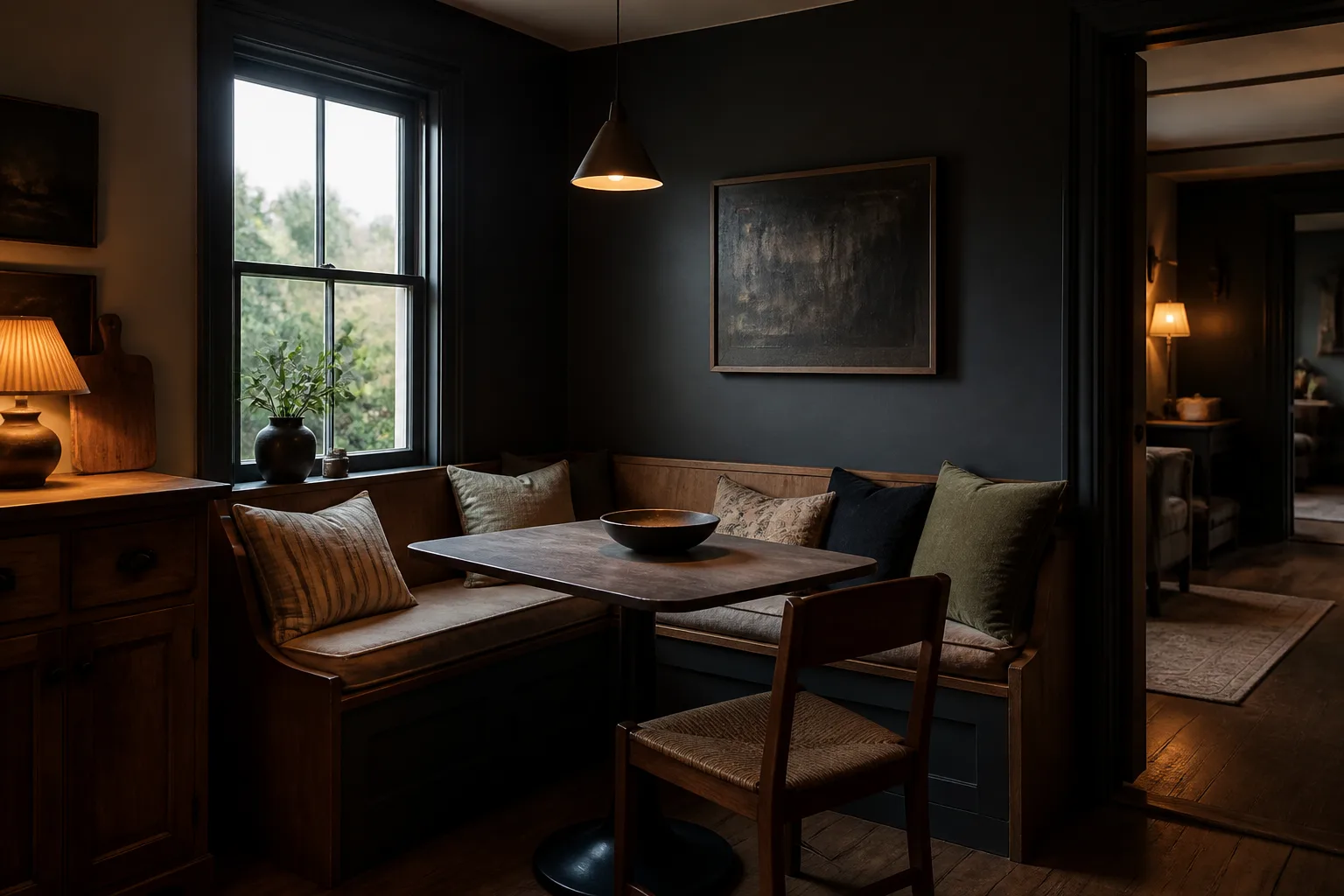 A dark breakfast nook, designed for it