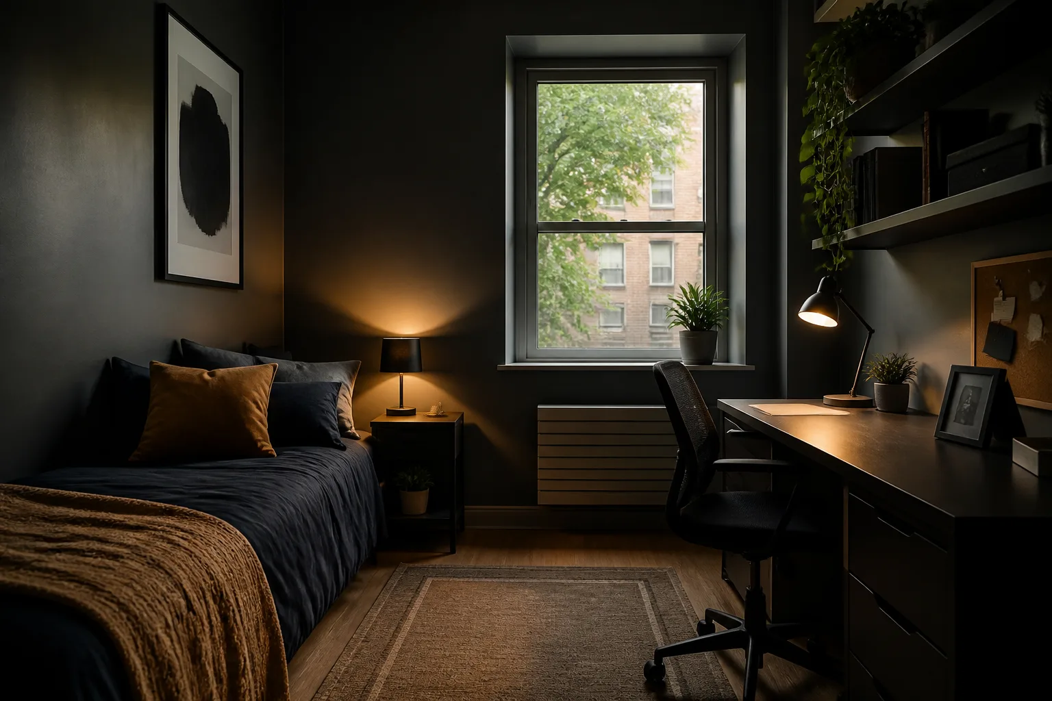 A dark dorm room, designed for it