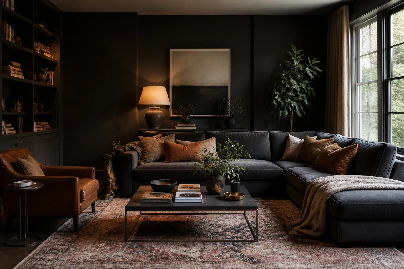 A dark family room, designed for it
