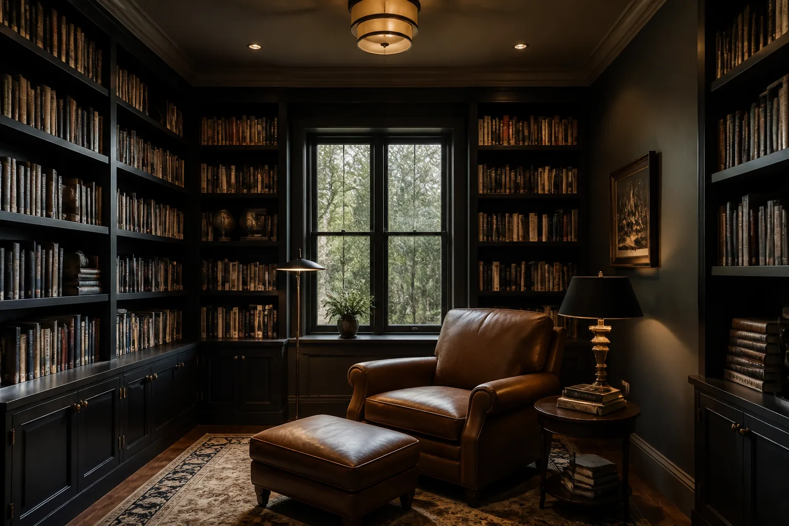 A dark home library, designed for it