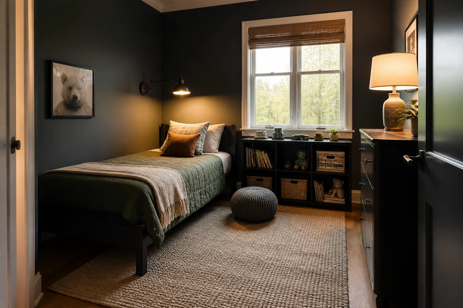 A dark kids’ bedroom, designed for it