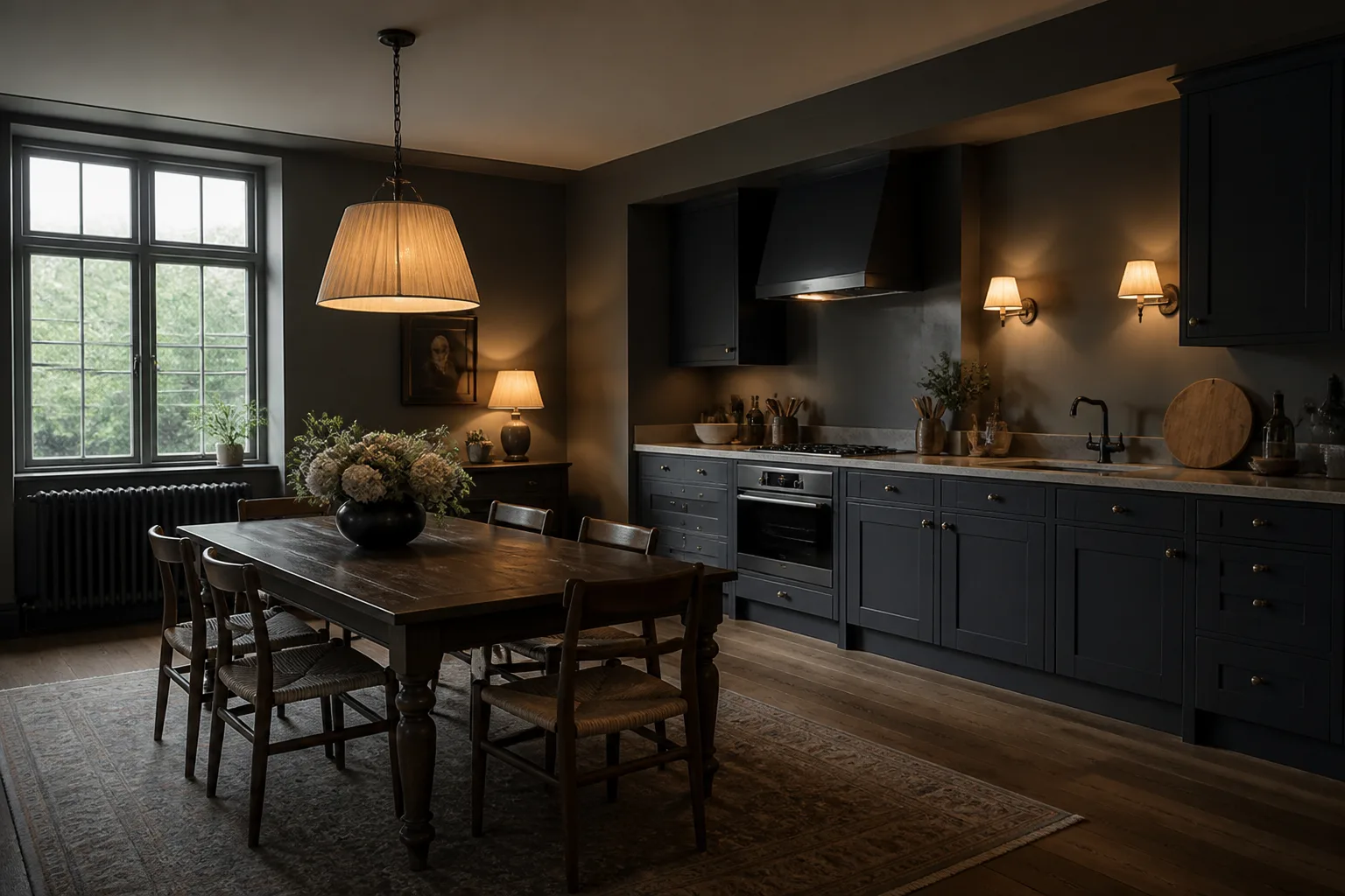 A dark kitchen-diner, designed for it