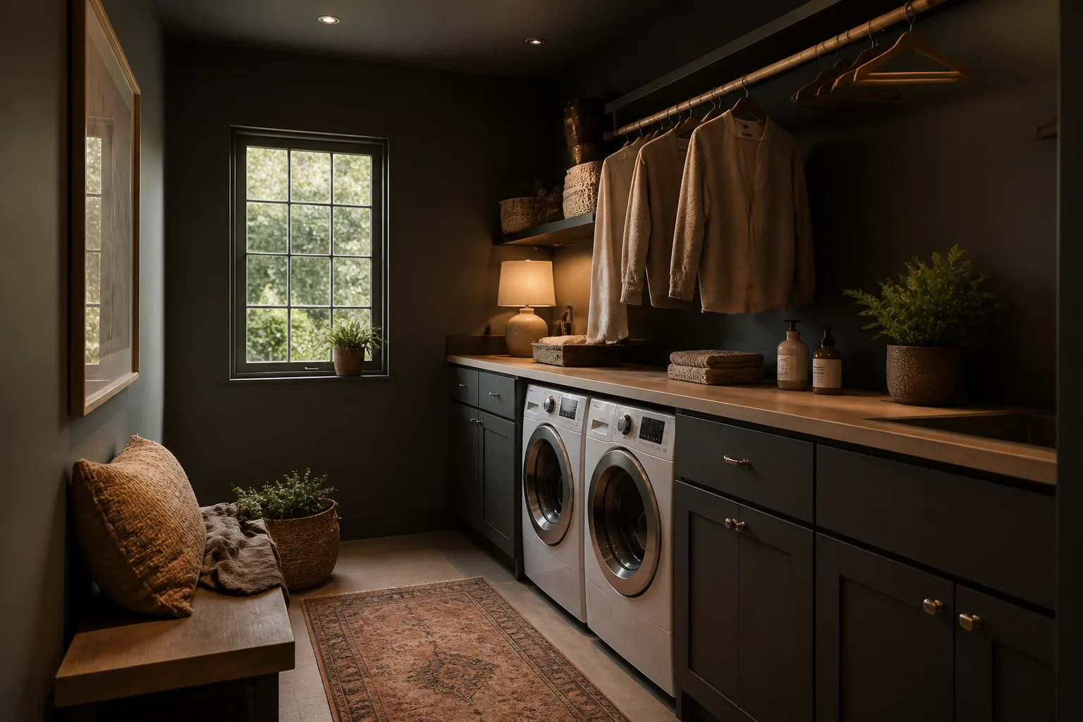 A dark laundry room, designed for it