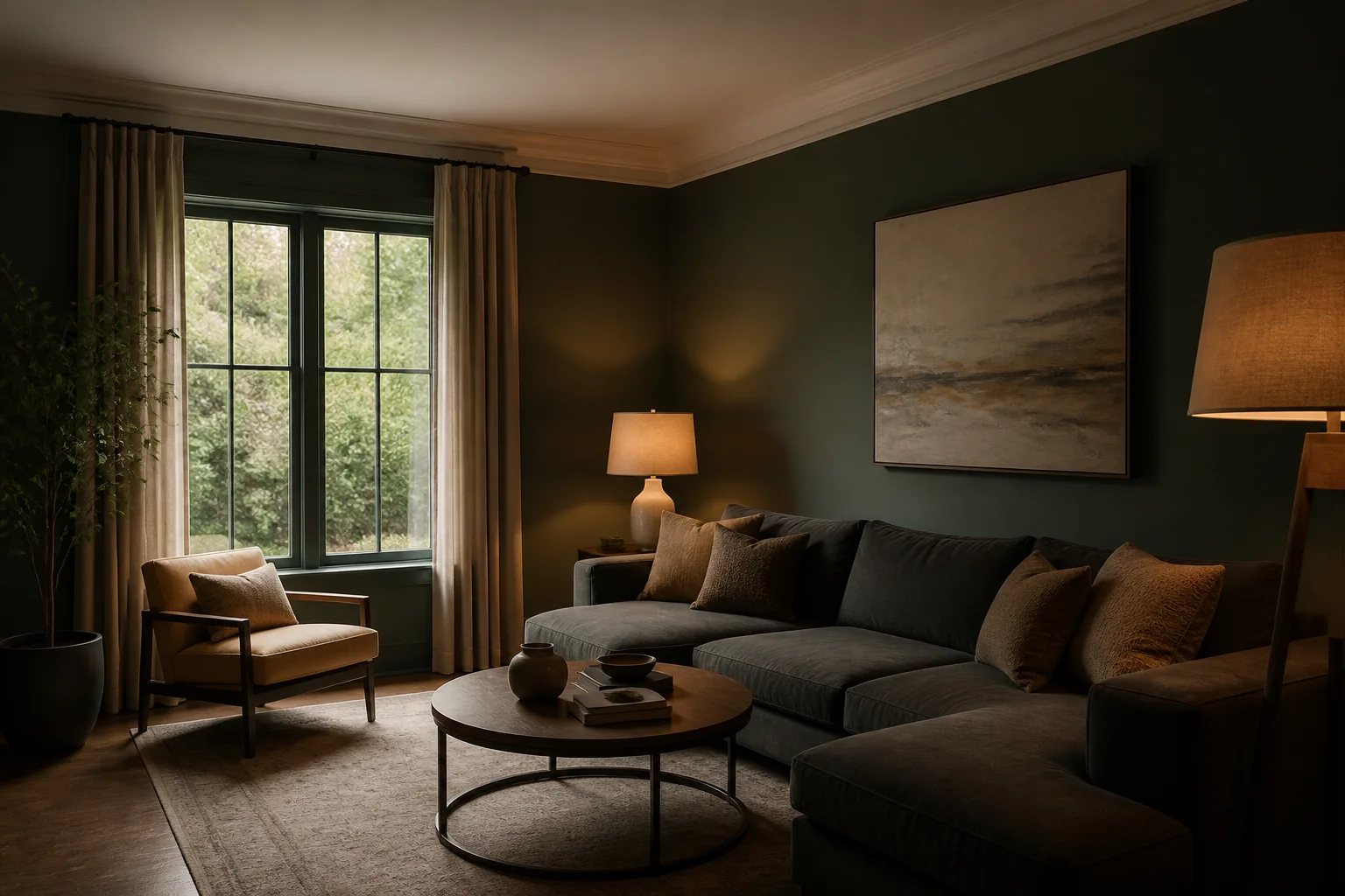 A dark living room, designed for it