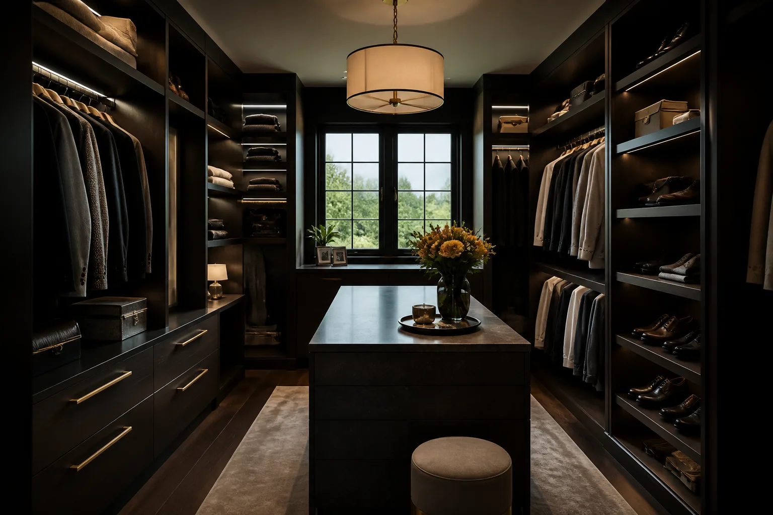 A dark walk-in closet, designed for it