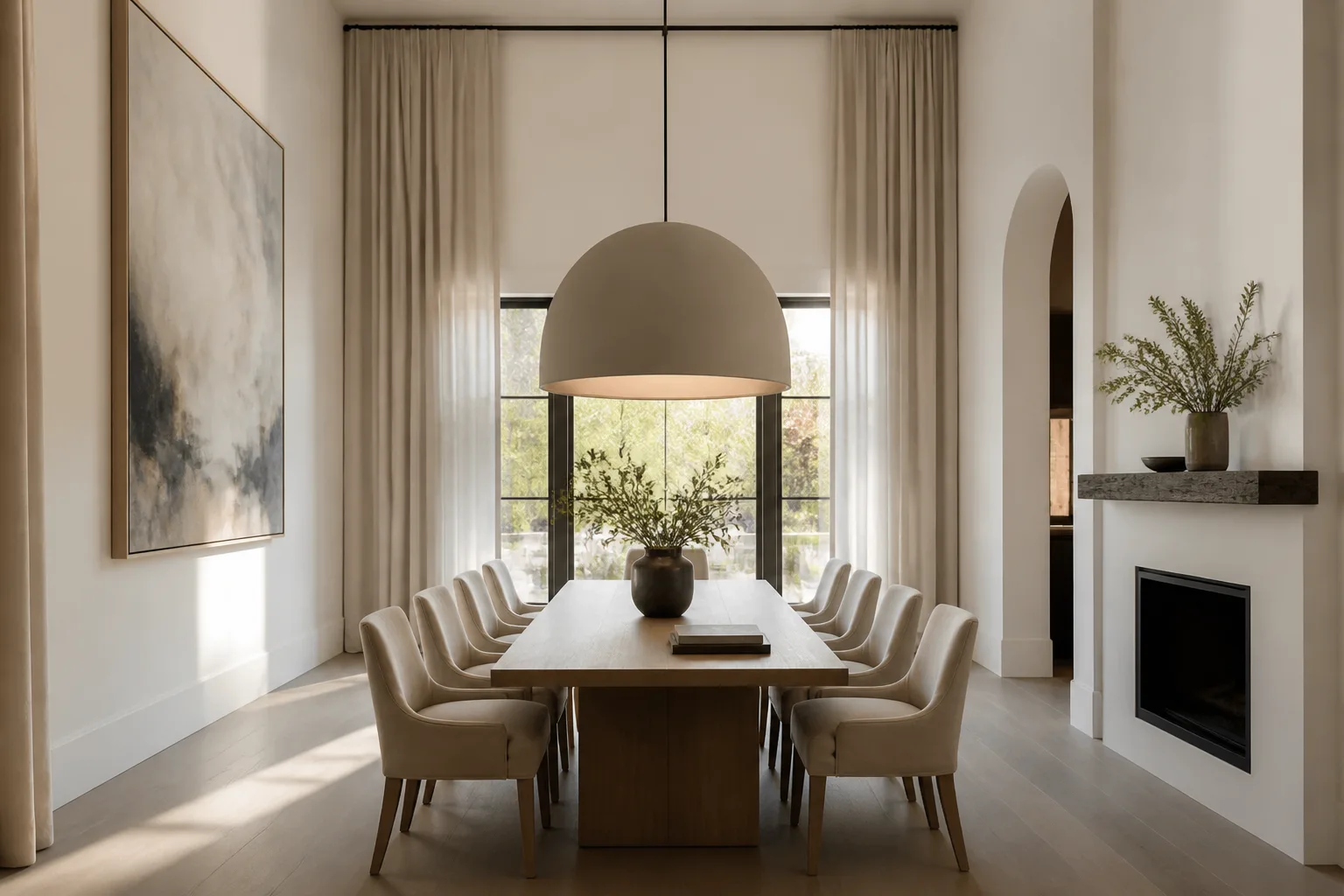 A high-ceiling dining room, designed for it