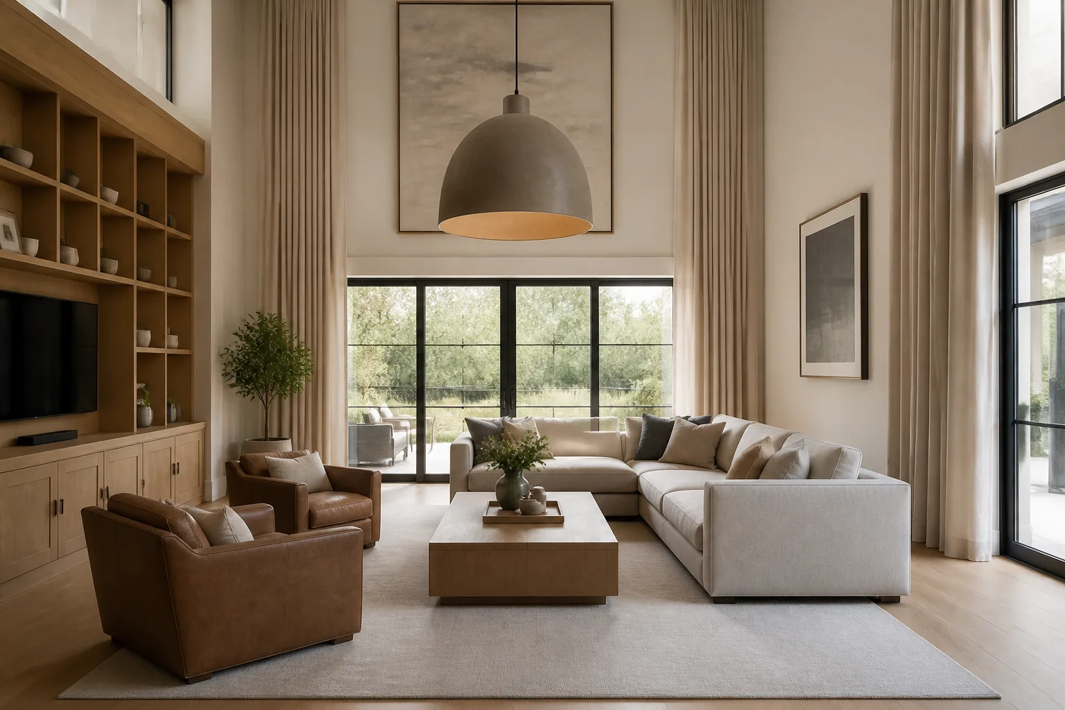 A high-ceiling family room, designed for it