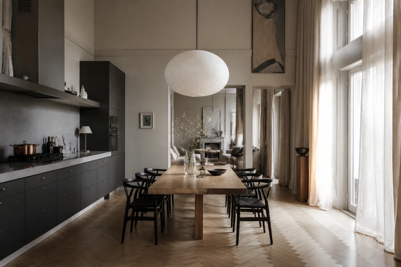 A high-ceiling kitchen-diner, designed for it