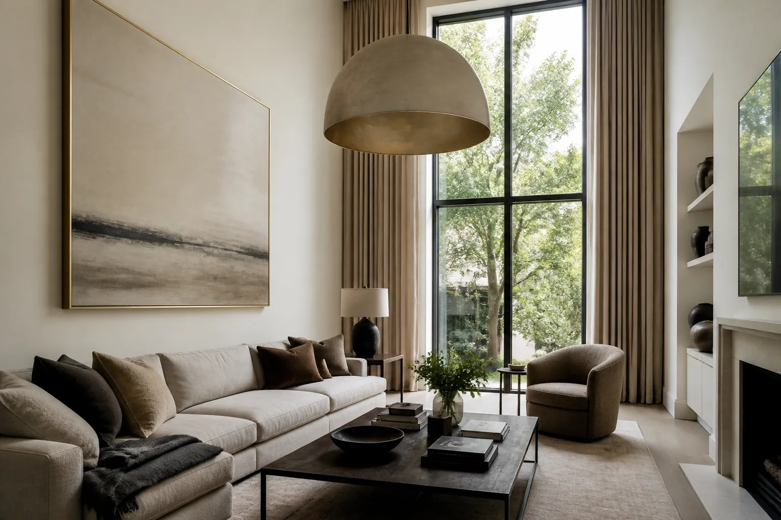A high-ceiling living room, designed for it