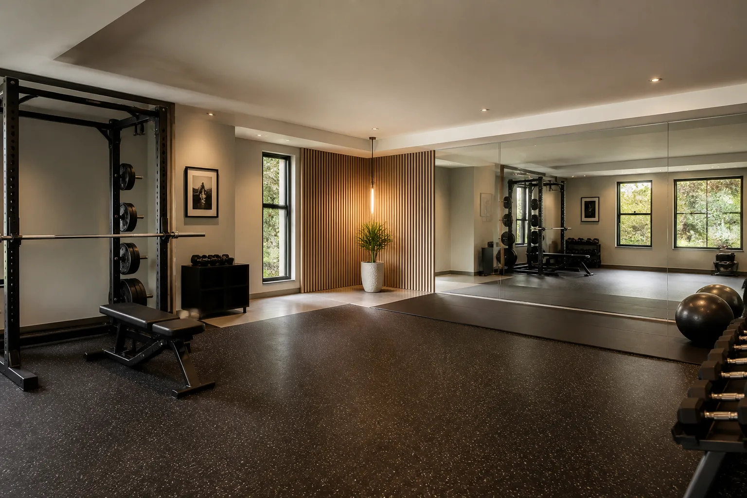 A L-shaped home gym, designed for it