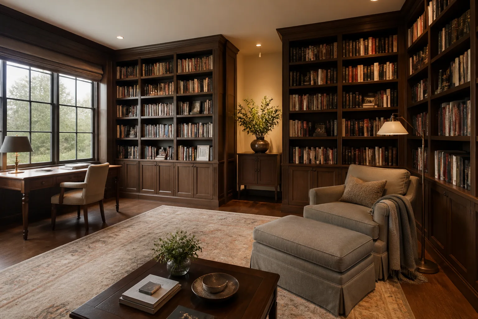 A L-shaped home library, designed for it