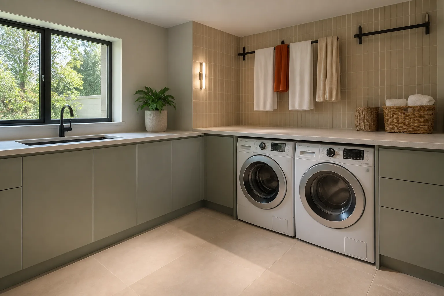 A L-shaped laundry room, designed for it