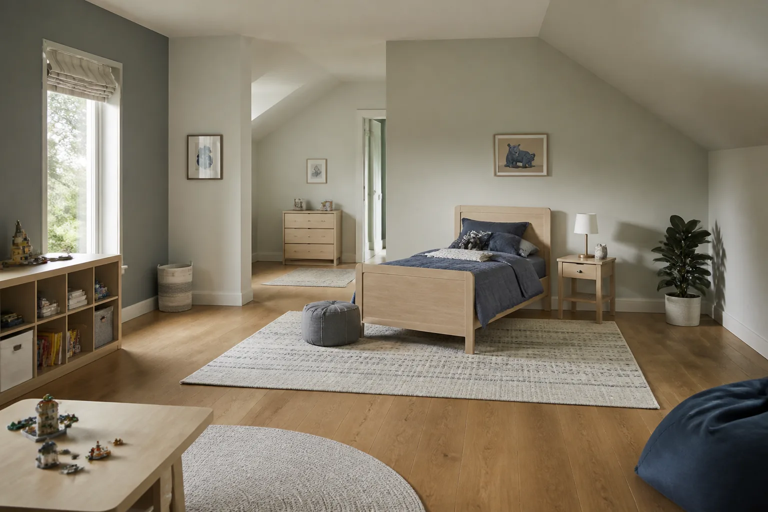 A large kids’ bedroom, designed for it