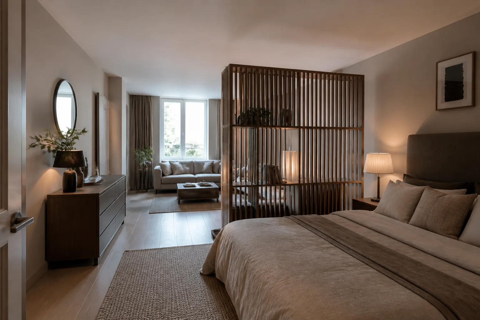 A long and narrow bedroom, designed for it