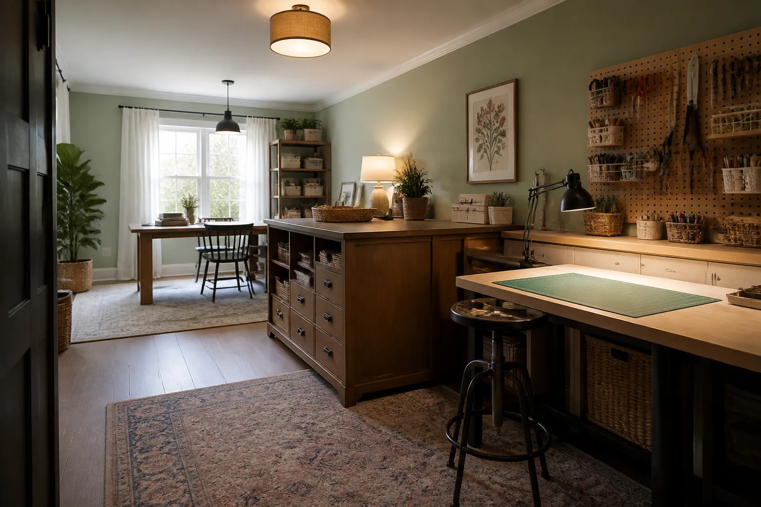 A long and narrow craft room, designed for it