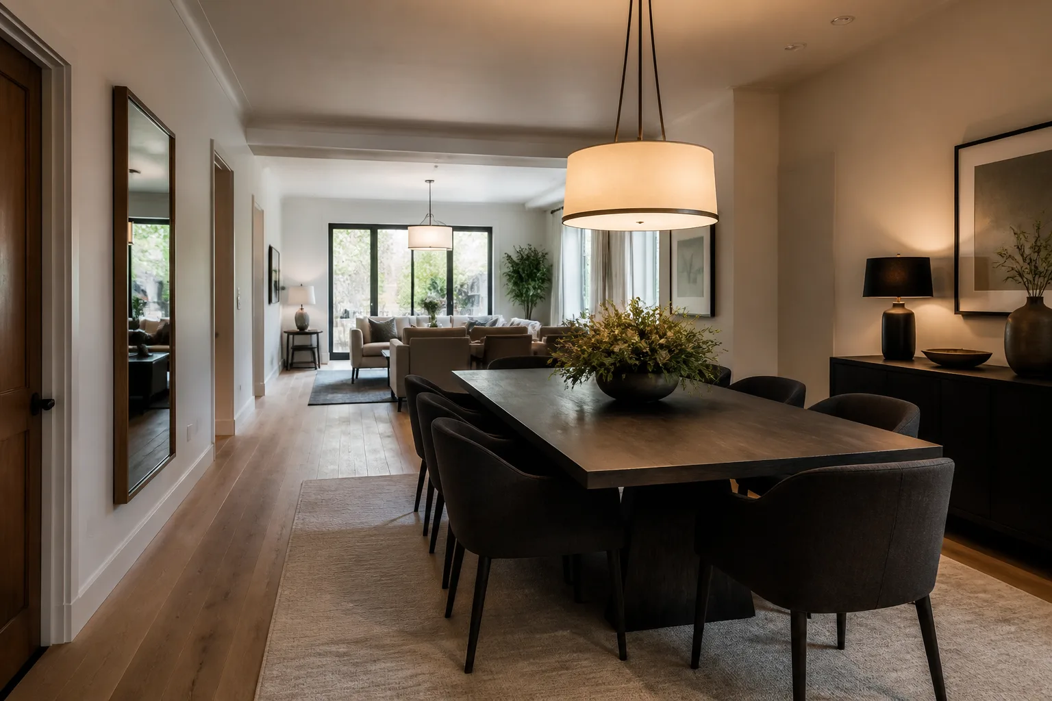 A long and narrow dining room, designed for it