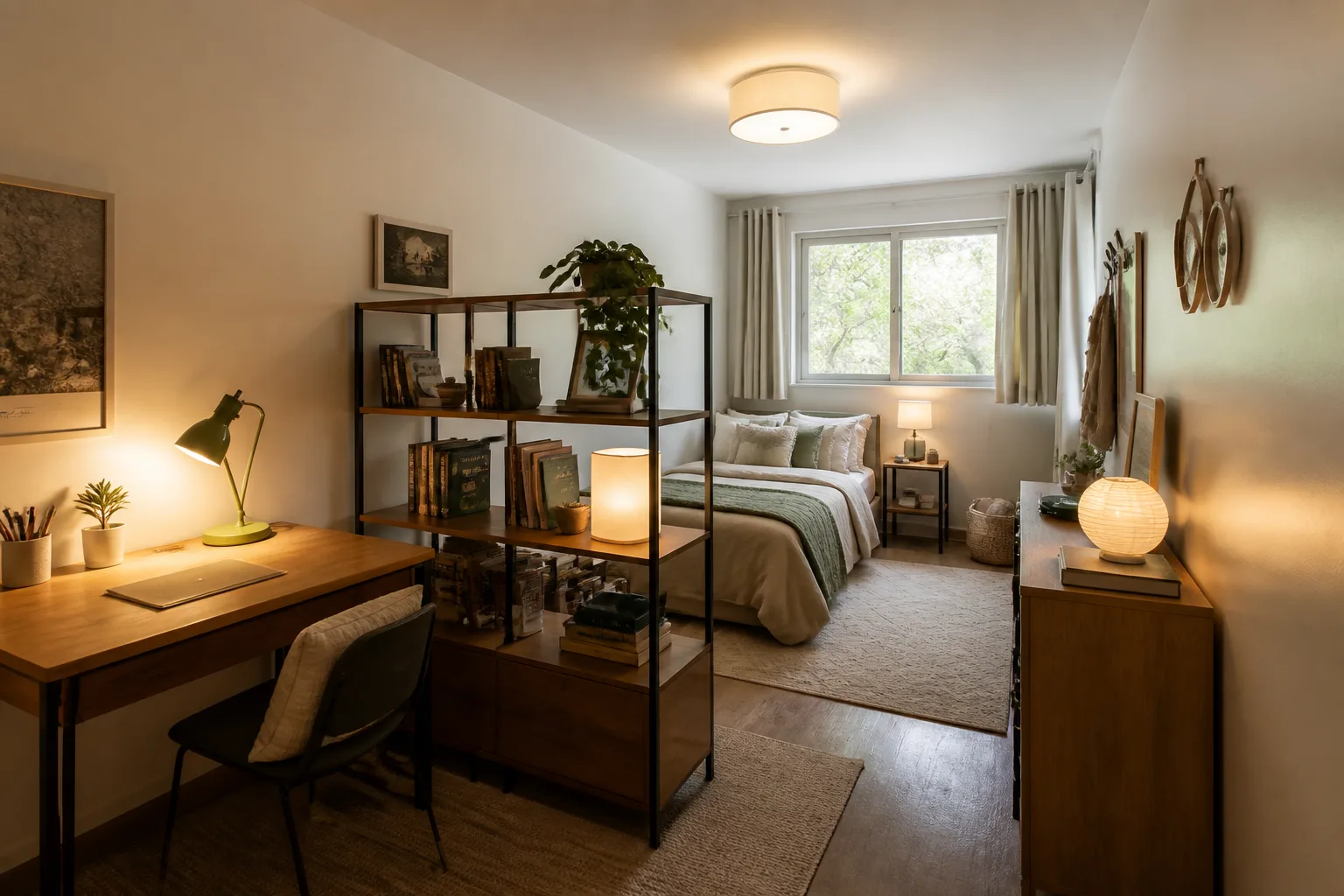 A long and narrow dorm room, designed for it