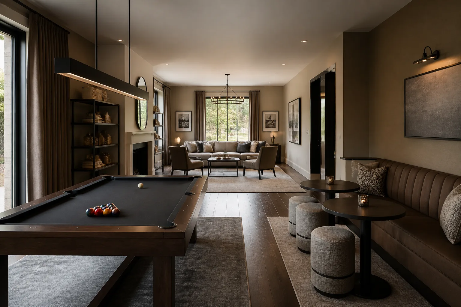A long and narrow game room, designed for it
