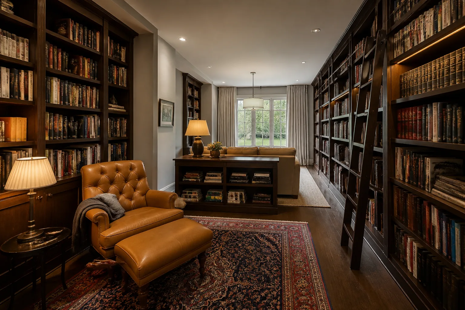 A long and narrow home library, designed for it