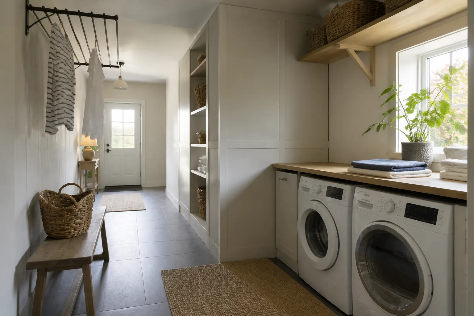 A long and narrow laundry room, designed for it