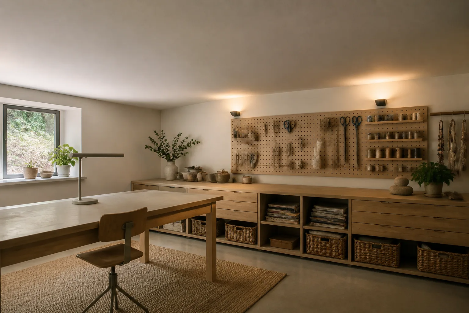 A low-ceiling craft room, designed for it