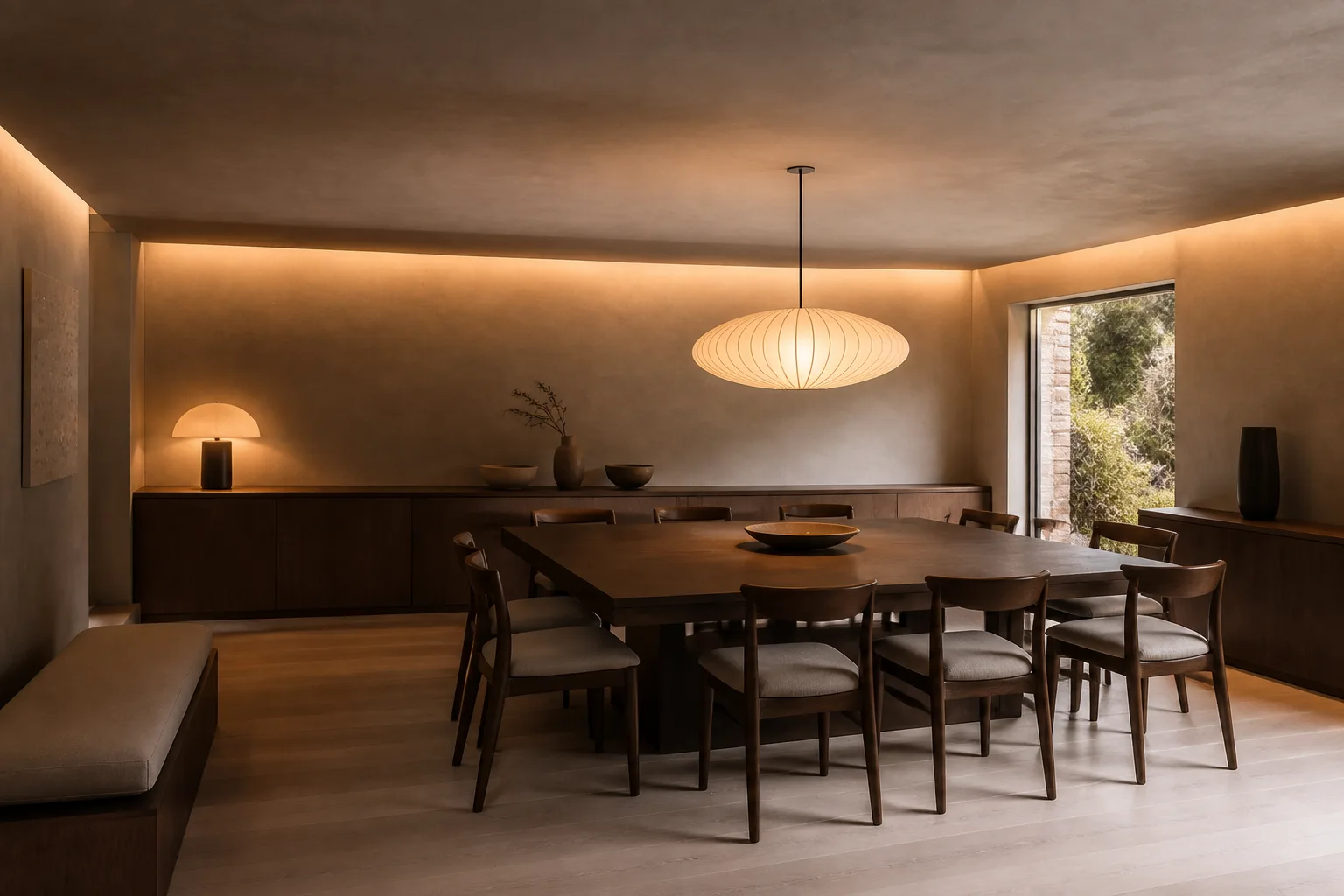 A low-ceiling dining room, designed for it