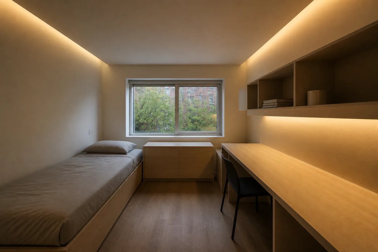 A low-ceiling dorm room, designed for it