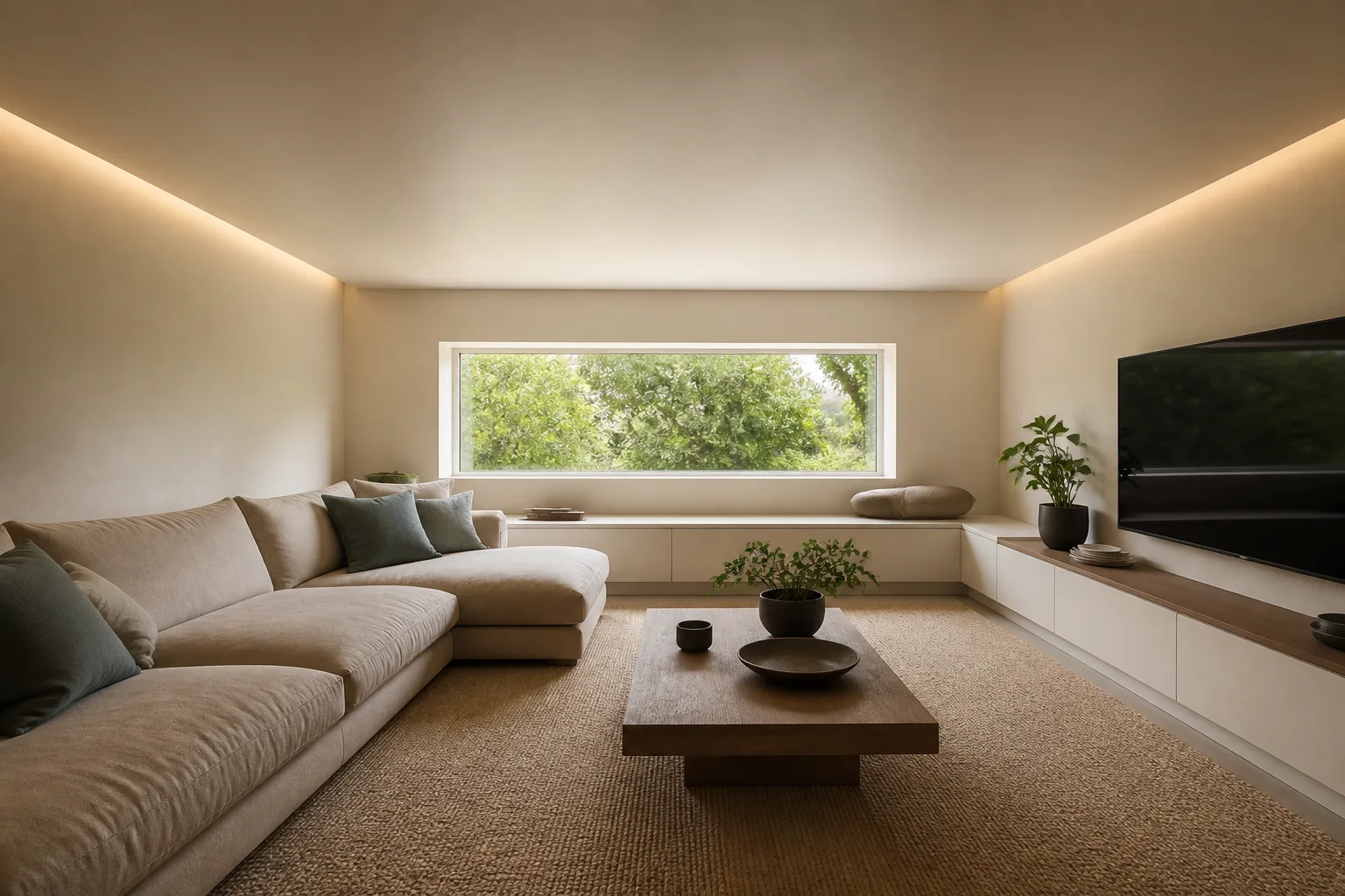 A low-ceiling family room, designed for it