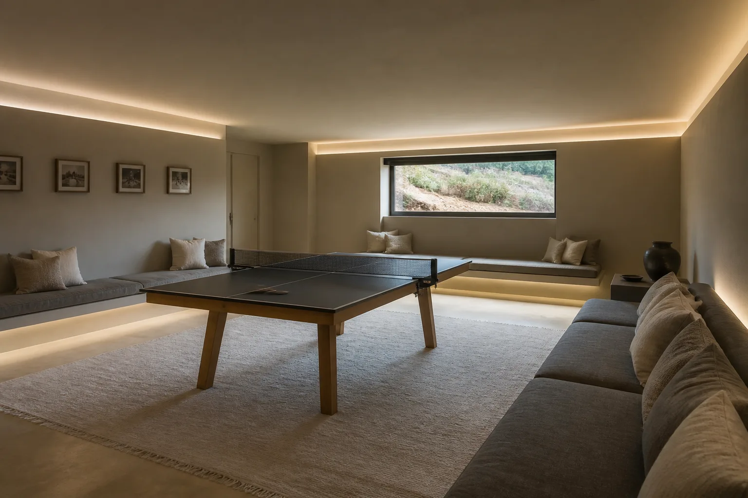 A low-ceiling game room, designed for it
