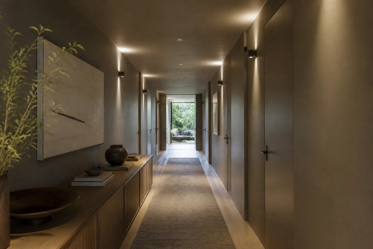 A low-ceiling hallway, designed for it