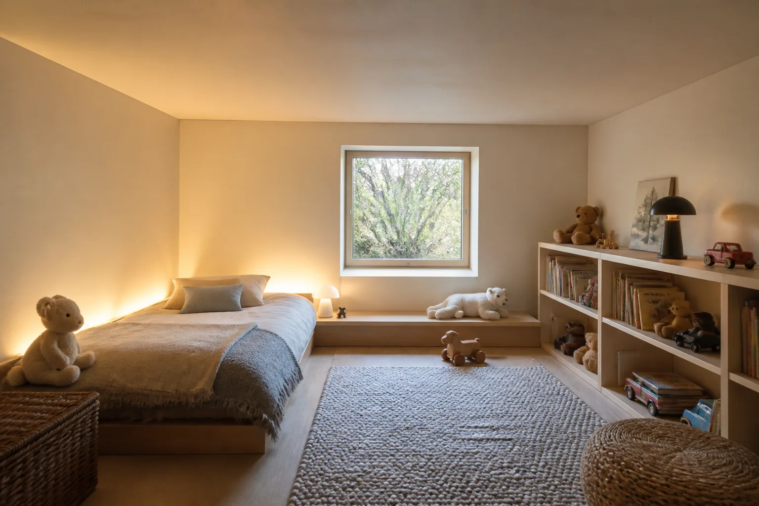 A low-ceiling kids’ bedroom, designed for it