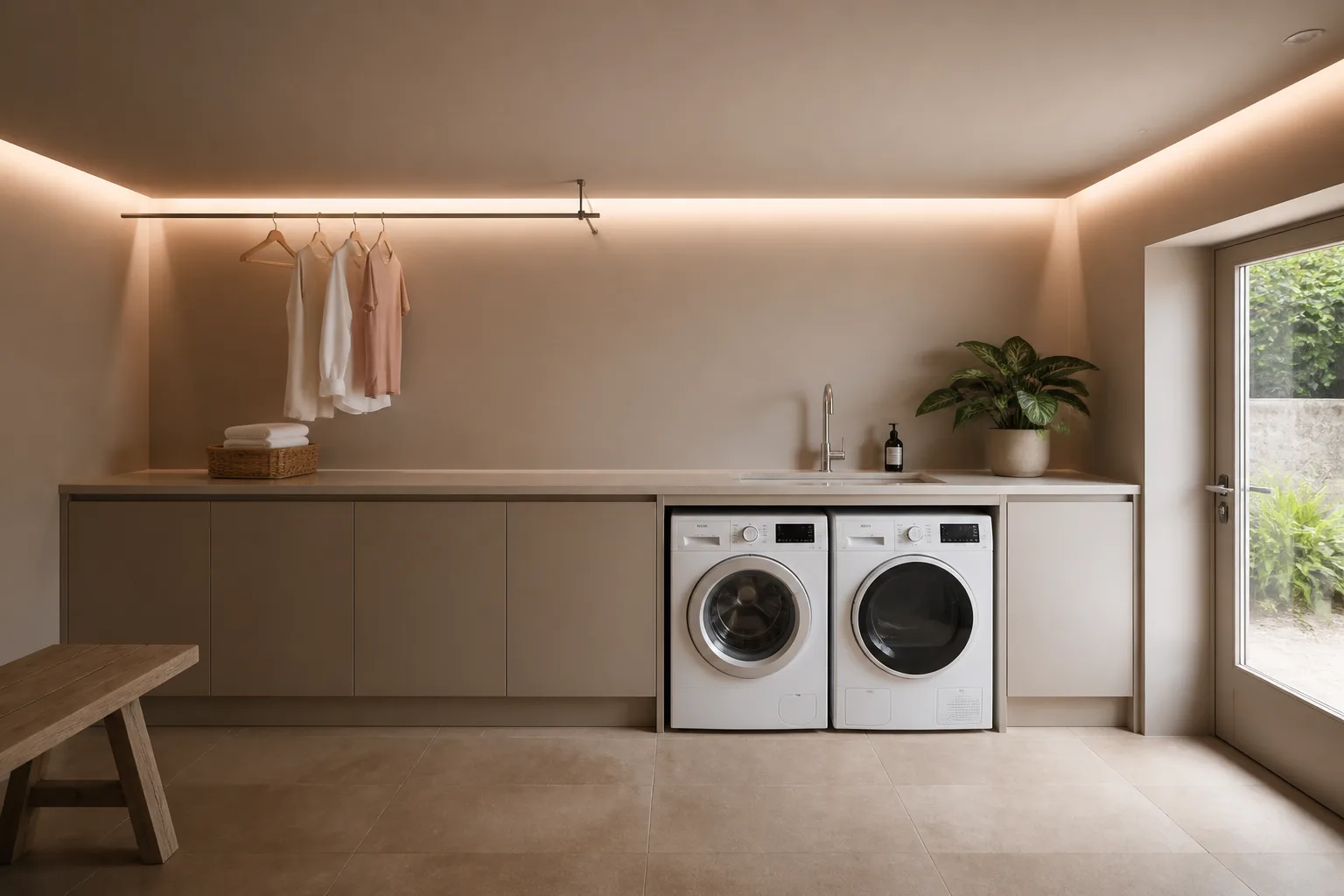 A low-ceiling laundry room, designed for it