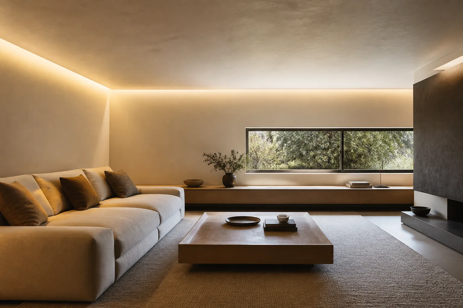 A low-ceiling living room, designed for it