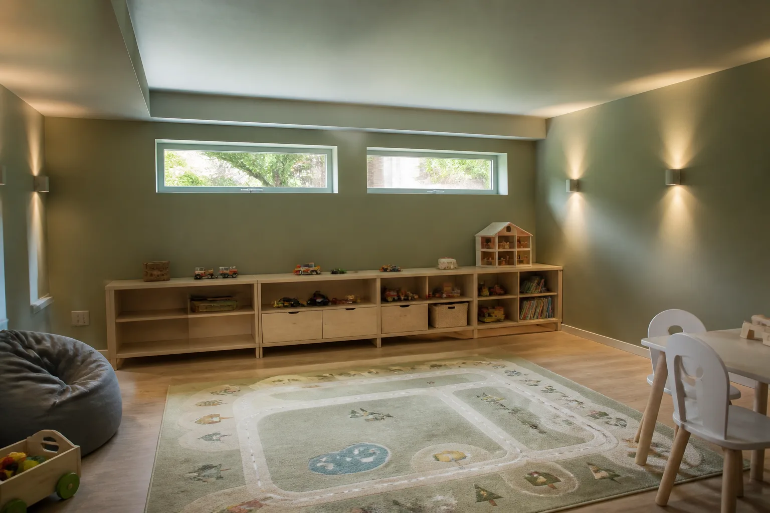 A low-ceiling playroom, designed for it