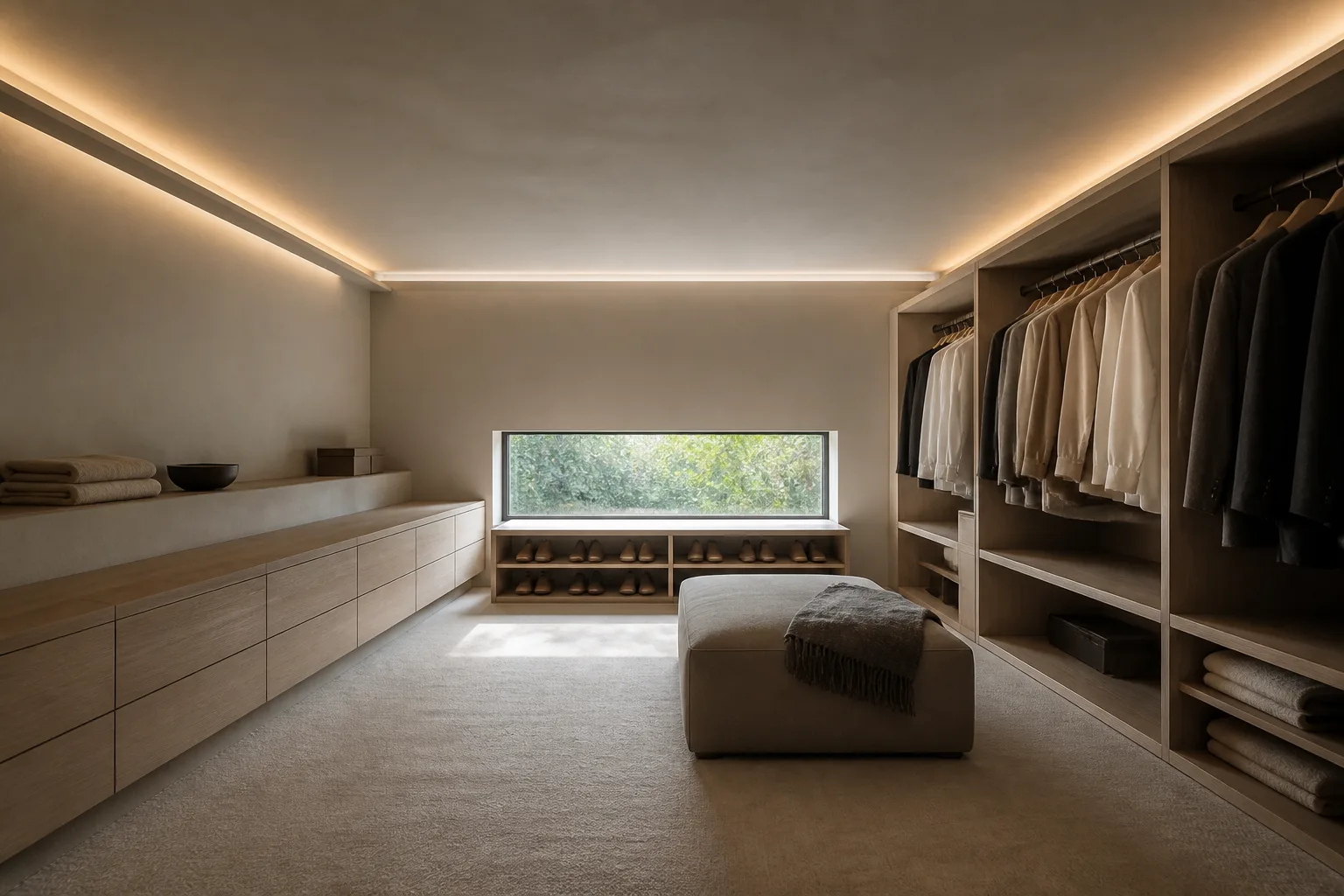 A low-ceiling walk-in closet, designed for it