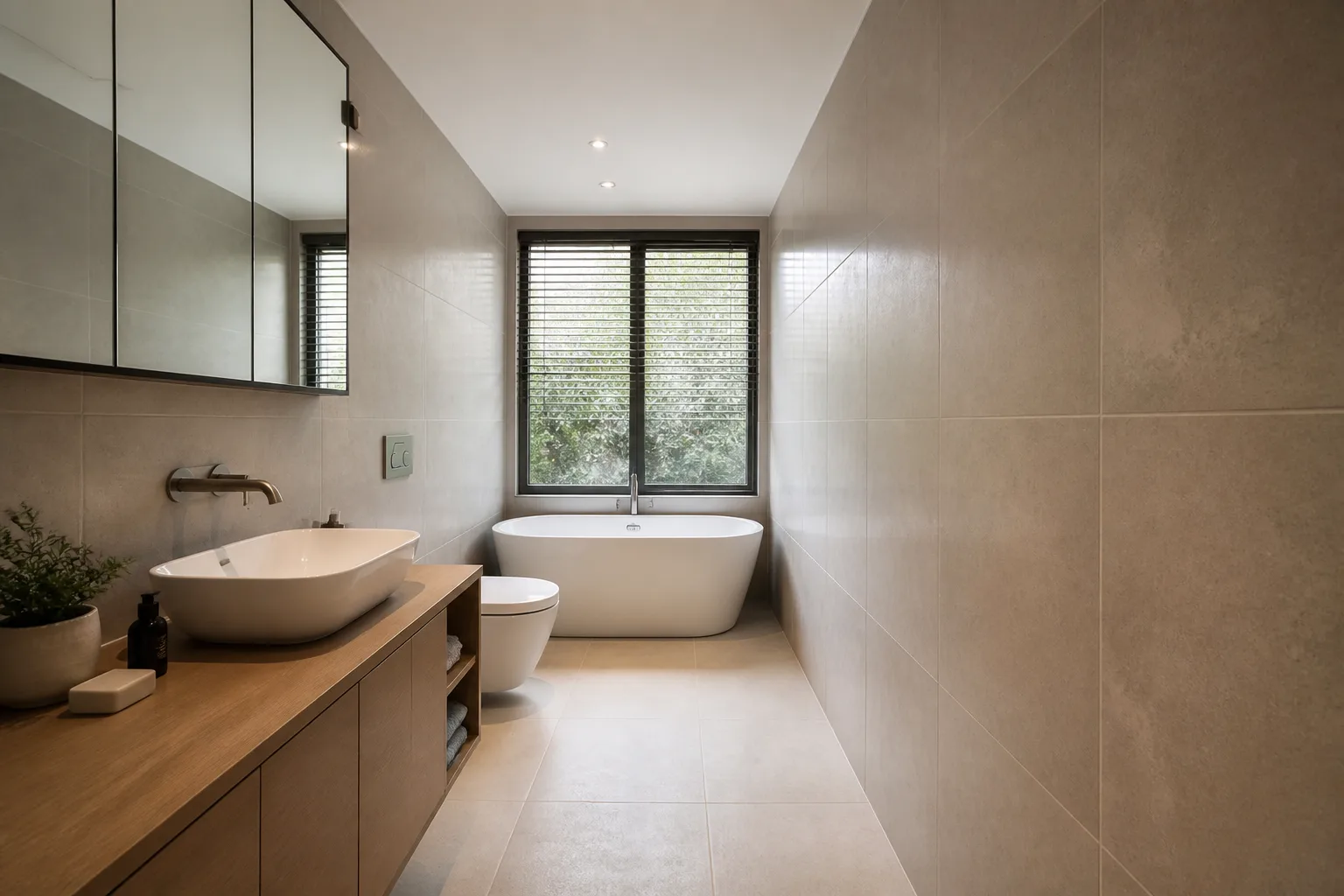 A narrow bathroom, designed for it